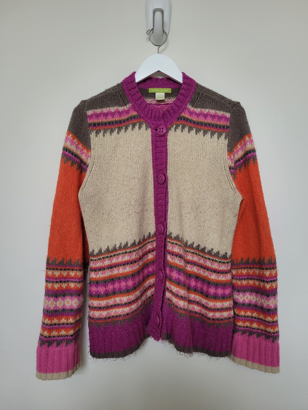 Sigrid Olsen Pink Orange Cream Fair Isle Button-Front Cardigan
